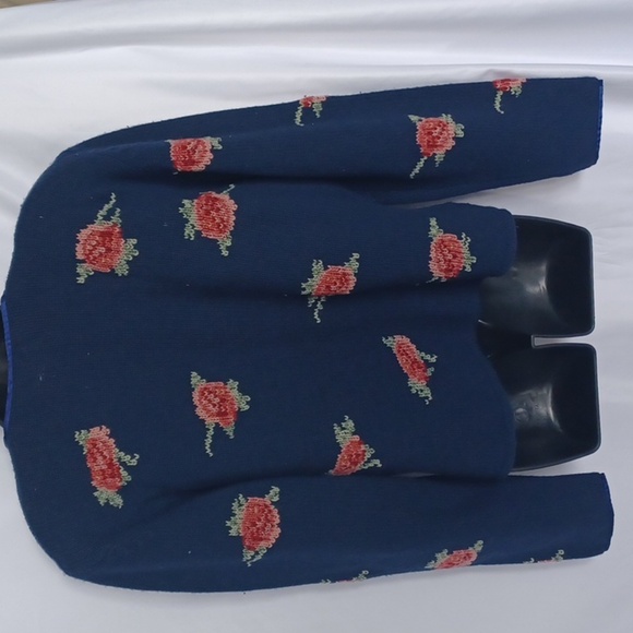 Vintage Tanner Sport Floral wool Cardigan Womens L V Neck Blue pink roses - Picture 4 of 6